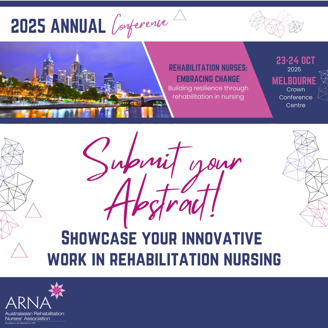 Showcase your innovative work in rehabilitation nursing at the 34th Annual ARNA Conference the largest gathering of #rehabnurses in Australia! We encourage both new &amp; experienced presenters to take action &amp; submit their abstract today dg.eventsair.com/arna2025/abstr… #ARNACon25 #Melbourne