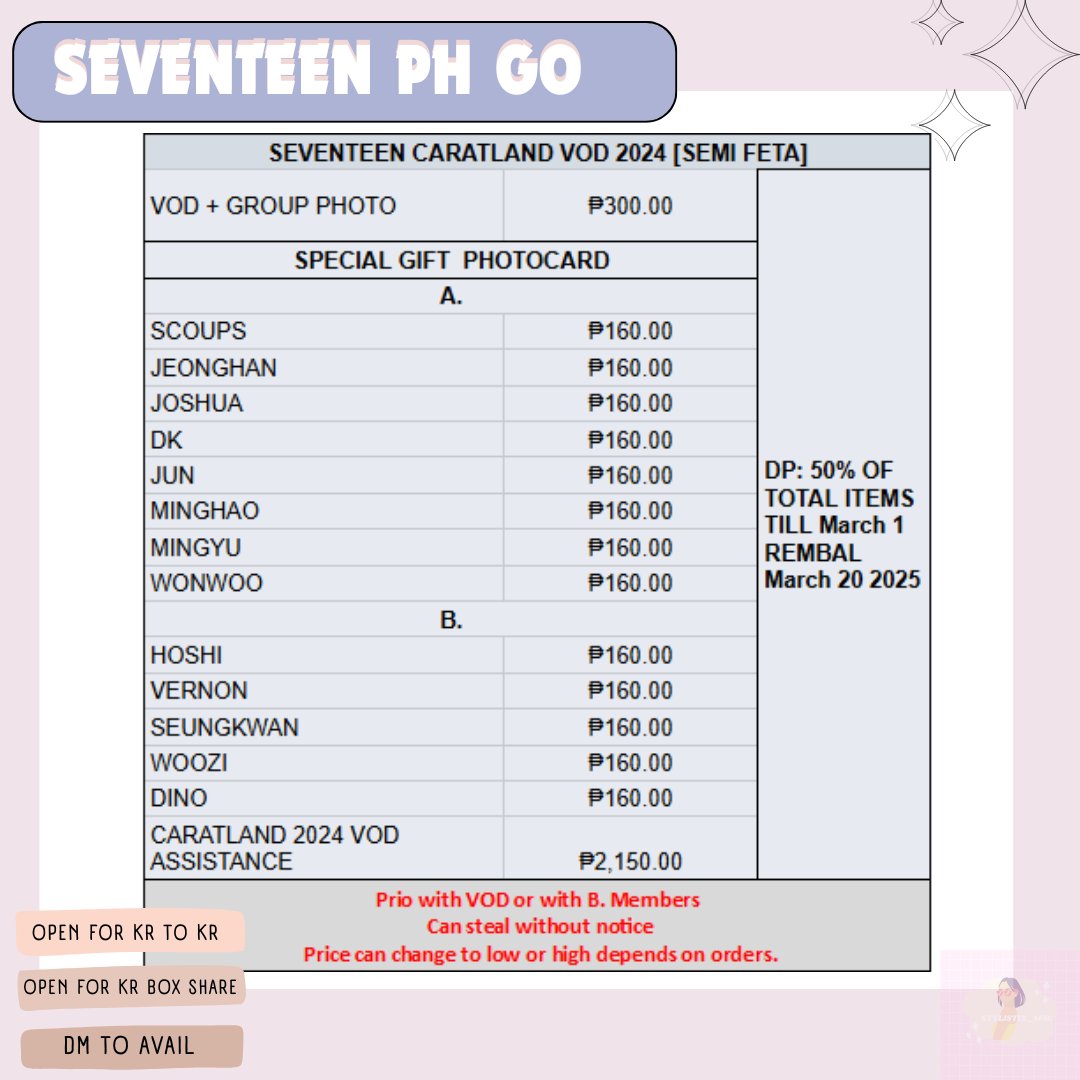 Help RT - To win Small Gcash/Official merch

Wts LFB Ph Go Tingi
✨Seventeen Caratland VOD 2024 Tingi / PH Go

💸DOP: DP: 50% OF TOTAL ITEMS TILL March 1 REMBAL MARCH 20 2025

✈️ ETA: Semi Feta 

must be 80% taken to push through.
Comment or Dm to avail