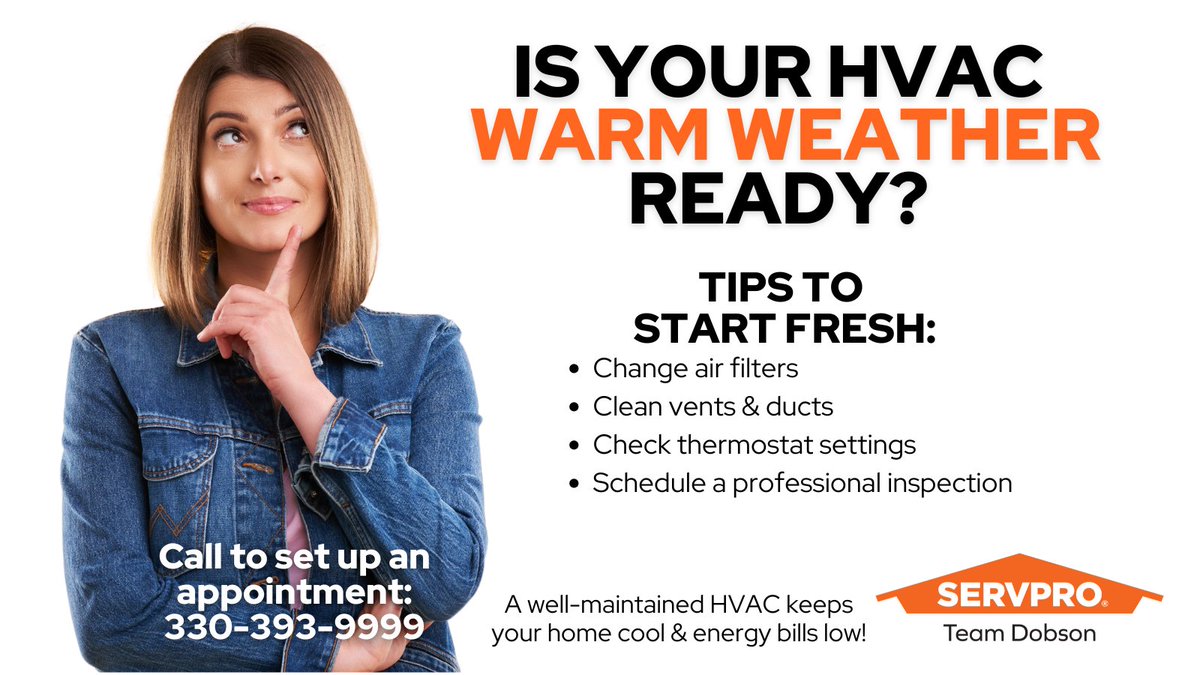 SERVPROTD's tweet image. 🌬️ Is Your HVAC Ready for Warmer Weather? ☀️❄️

A little maintenance now can save you from costly repairs and keep your home cool and comfortable. ✅

Don't wait until the heat hits! 🔧🌡️ Start your HVAC maintenance today.

#HVACMaintenance #SpringChecklist #HomeComfort