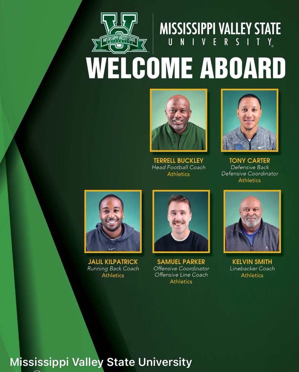 Welcome New Members of MVSU, Coach Buckley’s 🏈Staff🔴🟢🏟️!!

Tony Carter-Former NFL DB/DC-Coach
Jalil Kilpatrick-Former QB/QB-OC Coach
Samuel Parker-Former OL/OL Coach
Kelvin Smith-Former LB/LB Coach

👏👏
📷<a href="/MVSUDEVILS/">Mississippi Valley State University</a>