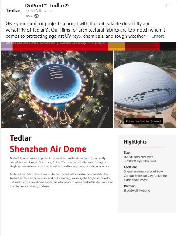 broadwe41362782's tweet photo. This is one of our #iconic project in Shenzhen, which is considered to be the #largest single unit exhibition #airdome in the world.
#broadcasted by #Dupont #Tedlar, a place great to hold various events, besides #exhibition, it used to hold a fashion show , a great stage to show #multipletalents.
