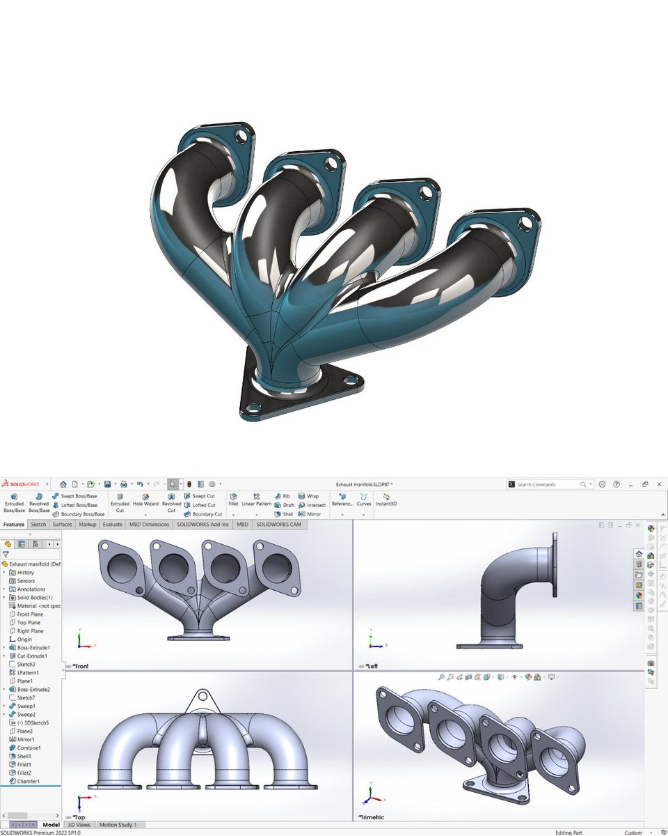 🔥 Exhaust Manifold 🚗💨

Designed in #SolidWorks—a crucial component that ensures efficient gas flow and boosts engine performance! ⚙️🔧

#mechanical #3ddesign #designengineering #exhaustmanifold #DassaultSystèmes #CAD #ExhaustSystem #AutomotiveEngineering #EnginePerformance