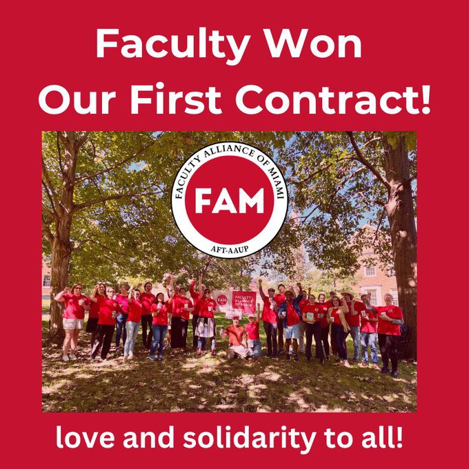 Collective bargaining is how we shape better universities and quality higher education for students, faculties, and communities. So proud of the work our members at Miami University did to secure their FIRST union contract! Congratulations <a href="/famiamioh/">Faculty Alliance of Miami</a>! <a href="/AAUP/">American Association of University Professors</a> @OFTUnion