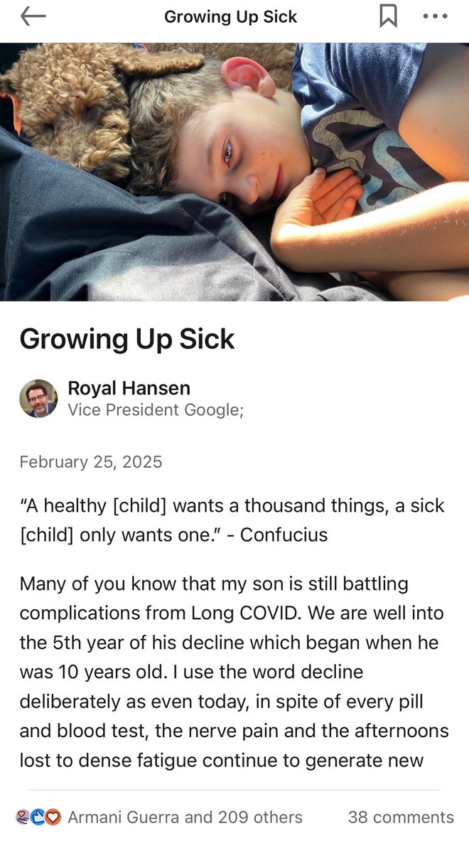 Vice President of <a href="/Google/">Google</a>, Royal Hansen (<a href="/royalhansen/">Royal Hansen</a>) shares a heartbreaking account of Long COVID &amp; his son.

“…the medical and scientific developments directed at Long COVID and other post-viral syndromes are emerging at different paces…there is so much more to be done..”