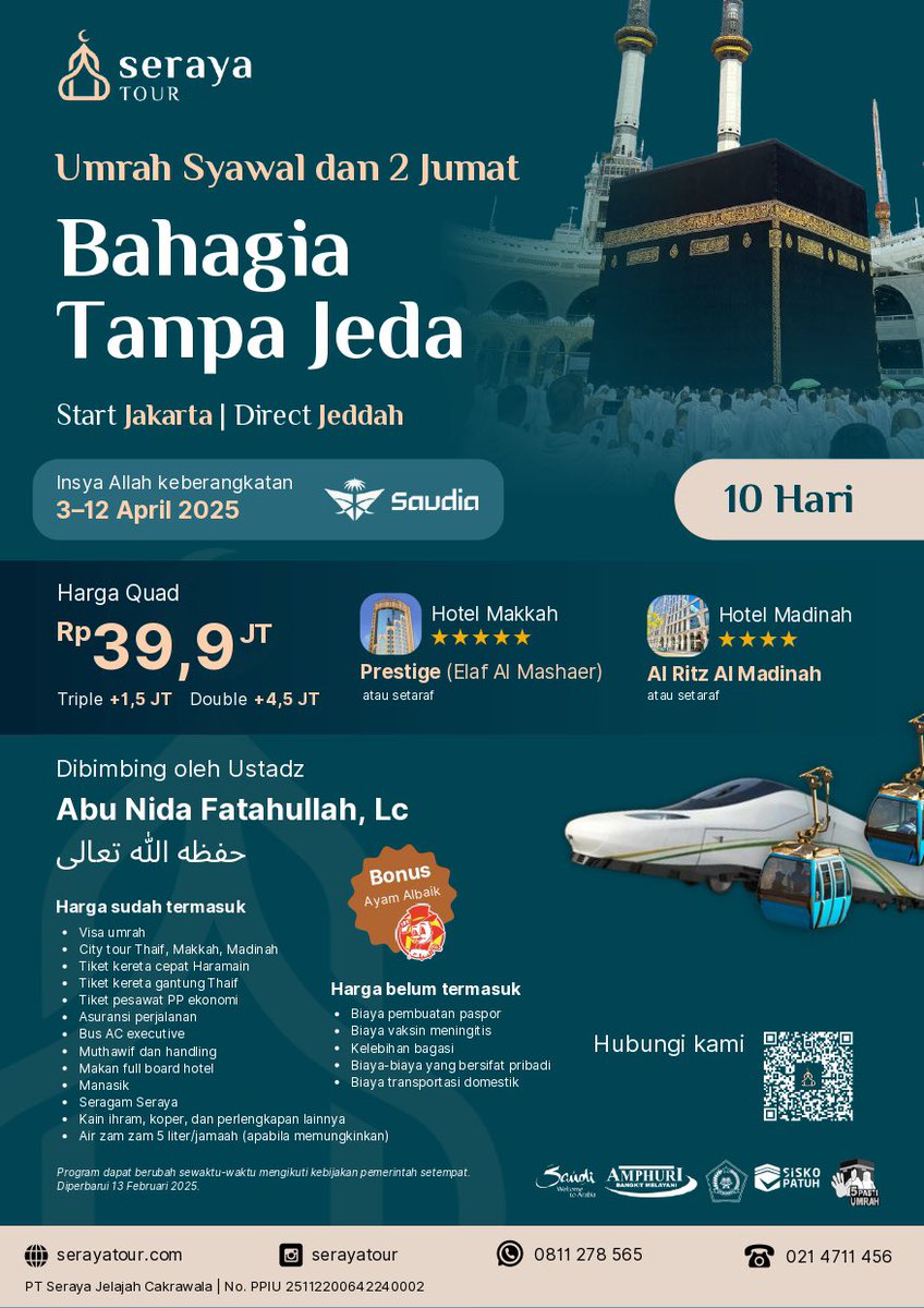 24m4's tweet photo. Program umroh 𝐁𝐚𝐡𝐚𝐠𝐢𝐚 𝐓𝐚𝐧𝐩𝐚 𝐉𝐞𝐝𝐚 yang insya Allah akan dibimbing oleh 𝐔𝐬𝐭𝐚𝐝𝐳 𝐀𝐛𝐮 𝐍𝐢𝐝𝐚 𝐅𝐚𝐭𝐚𝐡𝐮𝐥𝐥𝐚𝐡, 𝐋𝐜 حفظه الله تعال

𝐒𝐞𝐫𝐚𝐲𝐚 𝐓𝐨𝐮𝐫
📞 +62 811 278 565
📞 +62 818 765 150
📍Jl. Balai Pustaka Barat No. 330A, Rawamangun, Jakarta Timur https://t.co/8pGvsMmZwx