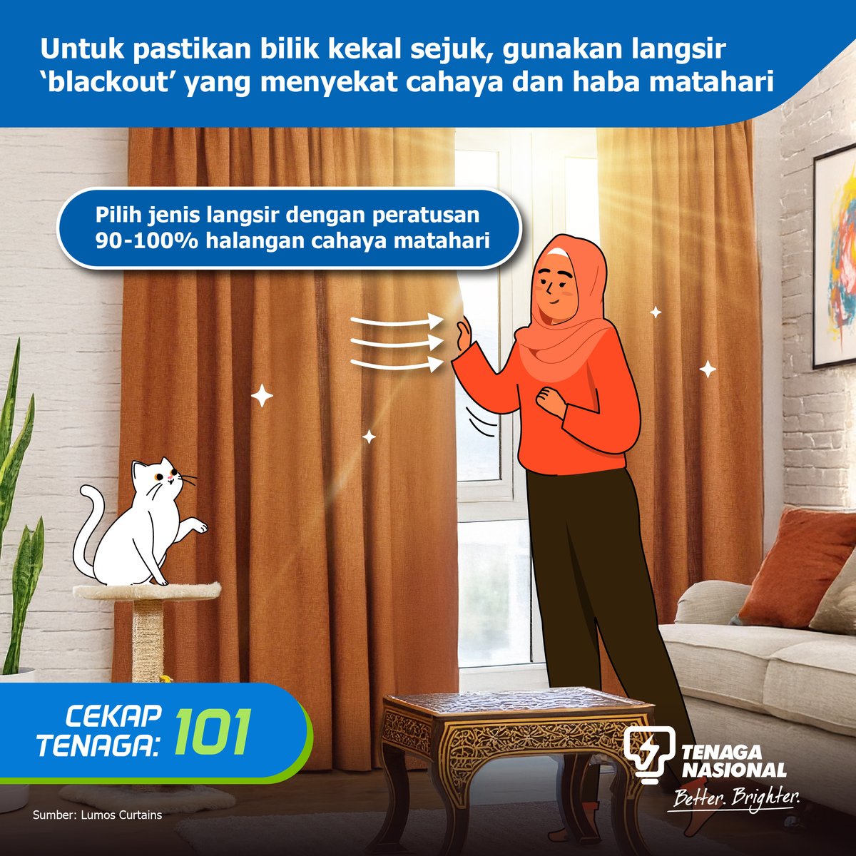 Tenaga_Nasional's tweet image. Sebenarnya, langsir ‘blackout’ dengan peratusan 90-100% perlindungan matahari mampu menjadi penebat haba yang berkesan! Jadi ruangan rumah dapat kekal sejuk dengan lebih efisien. 🆒

Sumber: Lumos Curtains

#CekapTenaga101 #MELP #EnergyLiteracy