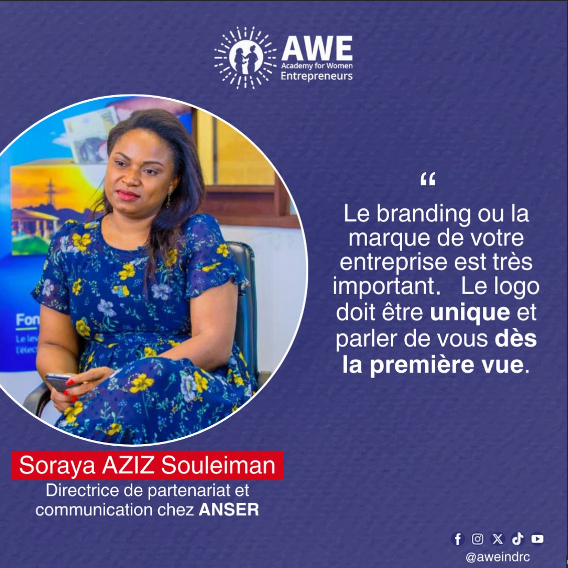 aweindrc's tweet photo. 📢 Key Takeaways from Soraya Aziz Souleiman’s Masterclass

1️⃣ Communication drives business success.
2️⃣ Know your audience &amp; strategy.
3️⃣ Build a strong brand identity.
4️⃣ Choose the right channels.
5️⃣ Be ready for crises.
What’s your biggest communication challenge?
#AWEDRC https://t.co/cryB0yzLCC