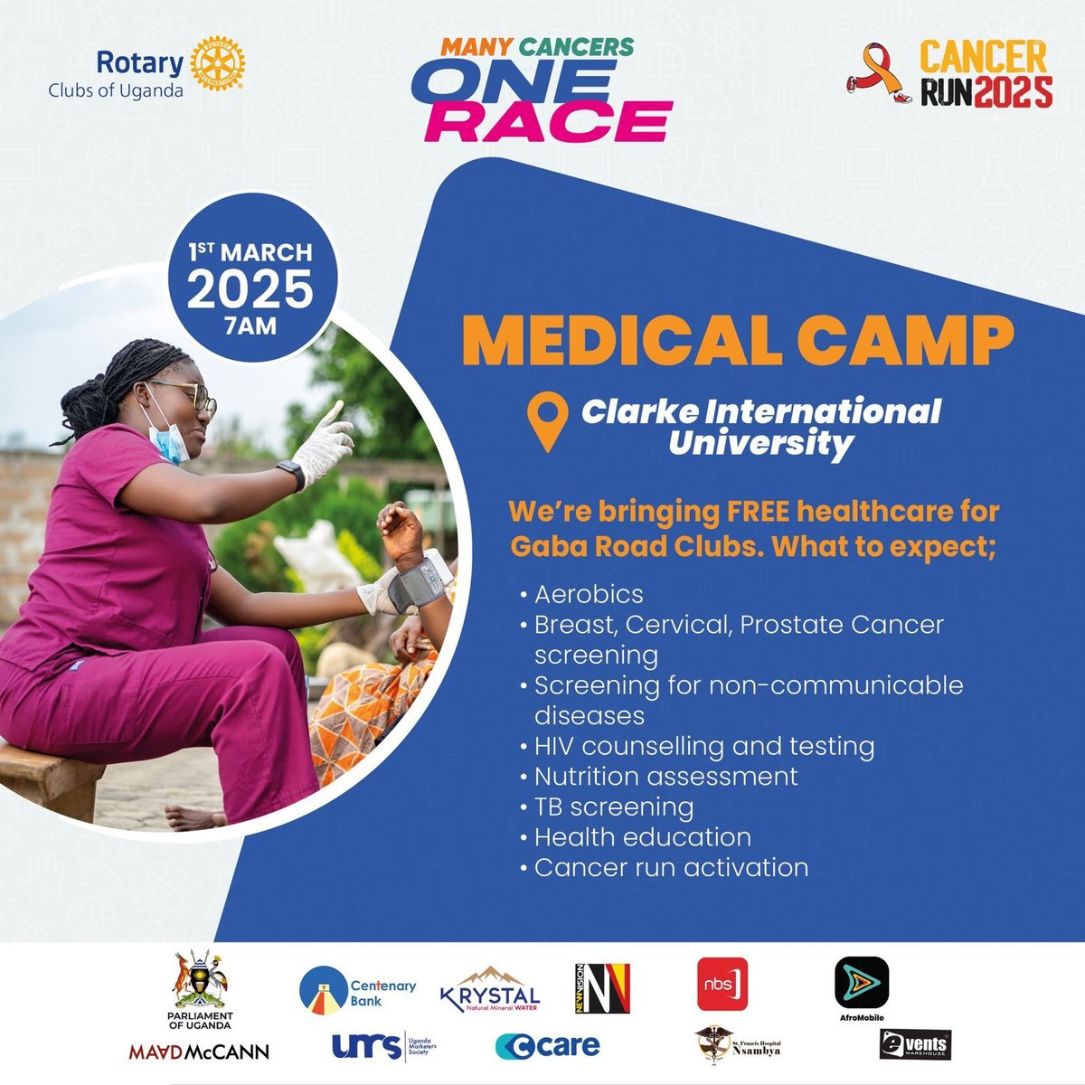 #CancerRunUg25 (@ugrotarycancerp) on Twitter photo 🩺 Free Cancer Screening Medical Camp – Your Health Matters! 🎗️
Early detection saves lives! Join us at our FREE Cancer Screening Medical Camp and take charge of your health. Get checked, get informed, and spread the word.
📅 1st March 2025
📍 <a href="/CIUuga/">Clarke International University</a>
⏰ 7am
✔️ Breast & 🩺 Free Cancer Screening Medical Camp – Your Health Matters! 🎗️
Early detection saves lives! Join us at our FREE Cancer Screening Medical Camp and take charge of your health. Get checked, get informed, and spread the word.
📅 1st March 2025
📍 <a href="/CIUuga/">Clarke International University</a>
⏰ 7am
✔️ Breast &