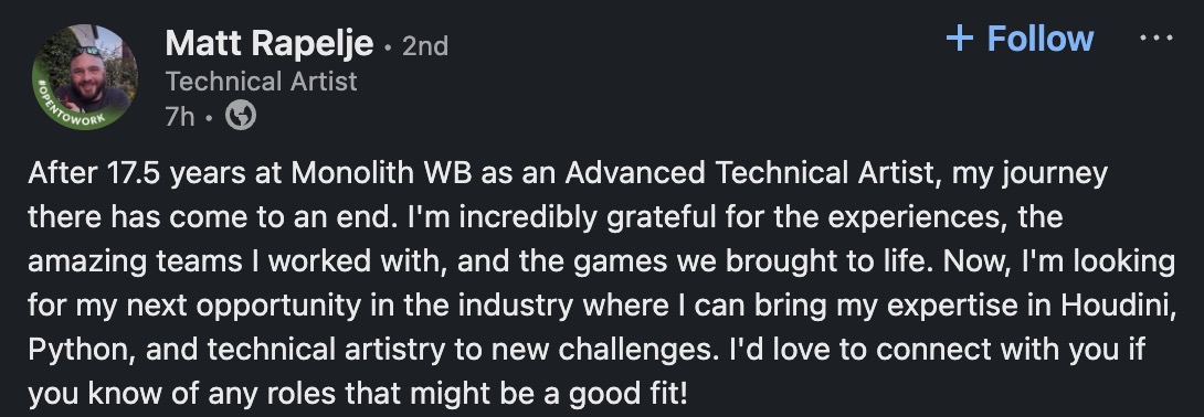 realTedMcKenzie's tweet image. By now you must've heard about WB Games' genius decision to close #PlayerFirstGames, #WBGamesSanDiego, and #MonolithProductions (Rocksteady is intact by the way) as part of a new strategy.

It can be now be confirmed that at least a portion of developers was laid off as a result.
