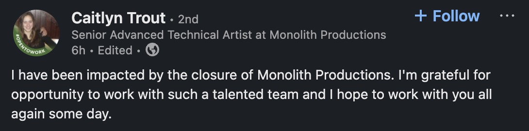 realTedMcKenzie's tweet image. By now you must've heard about WB Games' genius decision to close #PlayerFirstGames, #WBGamesSanDiego, and #MonolithProductions (Rocksteady is intact by the way) as part of a new strategy.

It can be now be confirmed that at least a portion of developers was laid off as a result.