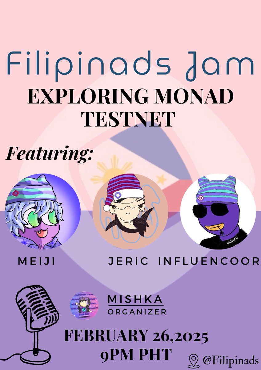 Filipinads's tweet photo. Filipinas Jam: Exploring the Monad Testnet

Samahan niyo kami mamayang gabi at 9:00 PM PHT para sa isang exciting na discussion tungkol sa "Monad Testnet" kasama sina @0xJericD_, @meiji_ft, at @influencoor !

Don't miss this opportunity to learn, magtanong and engage with fellow crypto enthusiasts.

Set your reminders—kitakits mamaya !
 https://t.co/2sPzhnyqPW