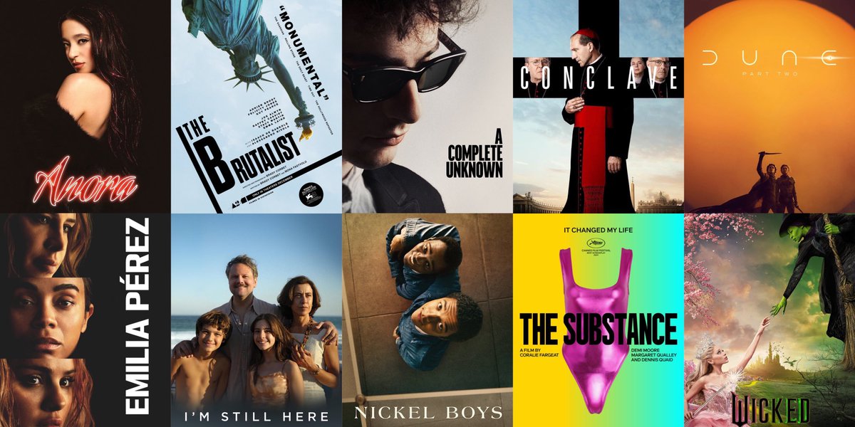 FilmUpdates's tweet image. Rank this year’s Best Picture nominees. #Oscars 

• Anora
• The Brutalist
• A Complete Unknown
• Conclave
• Dune: Part Two
• Emilia Pérez
• I’m Still Here
• Nickel Boys
• The Substance
• Wicked