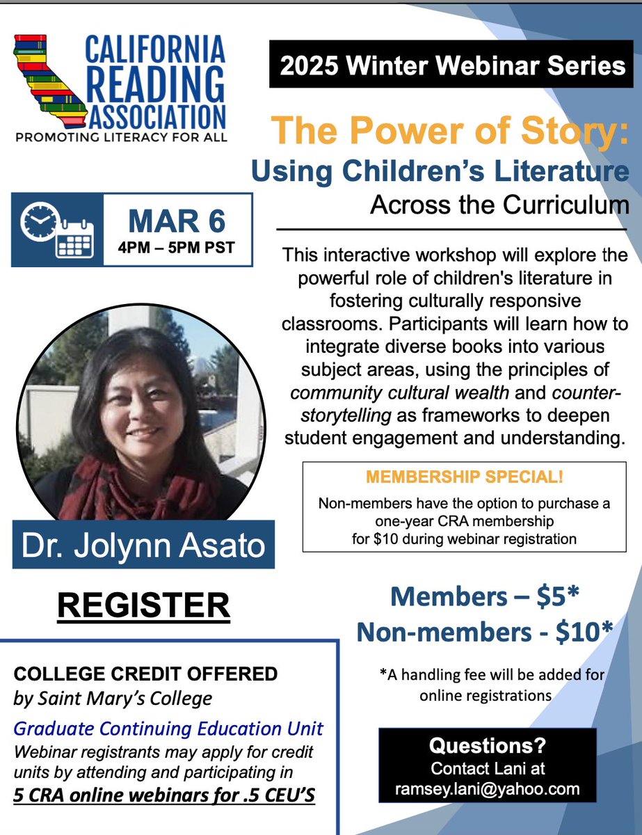 Lindsay Summers (@lsummers28) on Twitter photo Join the <a href="/CRAreading/">CA Reading Assoc</a> at our next virtual webinar with Dr. Jolynn Asato - “The Power of Story: Using Children’s Literature Across the Curriculum.” Attendees will learn how to integrate diverse books. Register online at californiareading.org. Join the <a href="/CRAreading/">CA Reading Assoc</a> at our next virtual webinar with Dr. Jolynn Asato - “The Power of Story: Using Children’s Literature Across the Curriculum.” Attendees will learn how to integrate diverse books. Register online at californiareading.org.