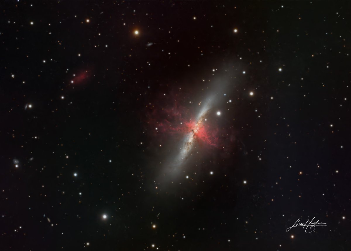 Nearly 25 hrs of imaging over two years on Messier 82 reveals its H-alpha "Cap" - that red smudge in the upper left. It's 35-40,000 light years from M82 and is extremely dim!  #Astrophotography #astronomy