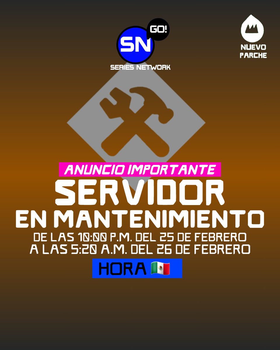 seriesnetworkgo's tweet photo. 📣 ¡ATENCIÓN, CAMPEONES! 📣

Debido a la #NuevaActualización, nuestro servidor estará en mantenimiento desde las 10:00 p.m. de hoy hasta las 5:20 a.m. de mañana (Hora 🇲🇽)

Agradecemos tu comprensión. Disfruta del Nuevo Parche
#SeriesNetworkGO #SNGO https://t.co/IYtAbyRSWI