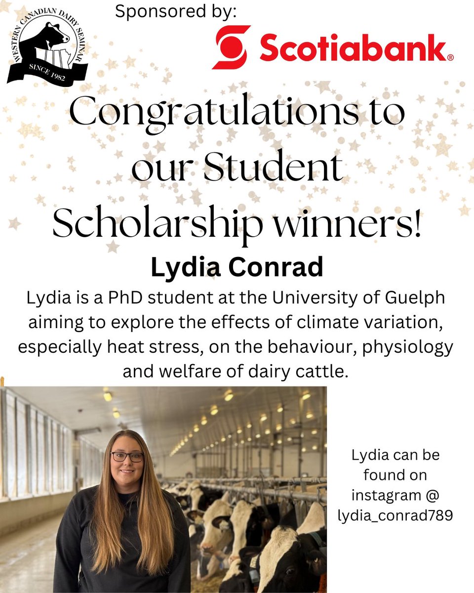 Congrats to our Student Scholarship winner for Scotiabank: Lydia!
.
Lydia will be presenting a poster titled “Effects of heat stress on weight gain in pre-weaned dairy heifers calves” at WCDS2025!
.
#wcds #wcds2025