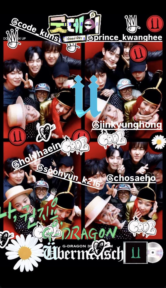 G-Dragon compartilhou uma foto no Instagram com o #KimSooHyun, Jung Haein, Hwang Kwanghee, Code Kunst, Jo Seho e Hong Jinkyung na festa de lançamento de Übermensch. 

Übermensch é o novo álbum do G-Dragon!