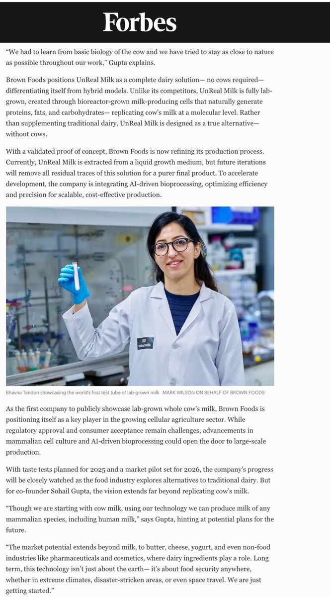 BrownFoods1's tweet photo. Elated to shared that we got featured in @Forbes! 🎉 

Presenting the World’s 1st Test tube of Cow-Free Real Whole Cow Milk - UnReal Milk!

Forbes Link - https://t.co/6P0A8A1gSz

#FutureOfFood #Sustainability #CellularAgriculture #Innovation #FoodTech #AnimalWelfare https://t.co/OnNrUcNrzP