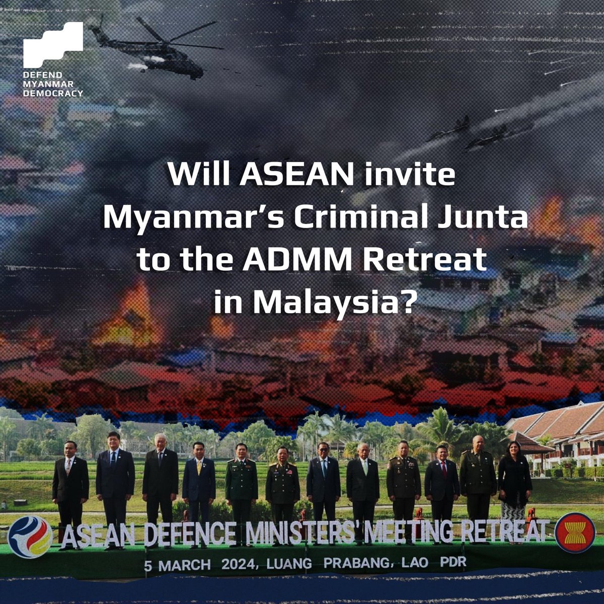 Today <a href="/ASEAN/">ASEAN</a> defence ministers are meeting in Malaysia. Will #Myanmar people again be represented by the brutal criminal military junta that is killing and terrorising them?
#NoSeatsForMurderers
#ADMM #defendmyanmardemocracy