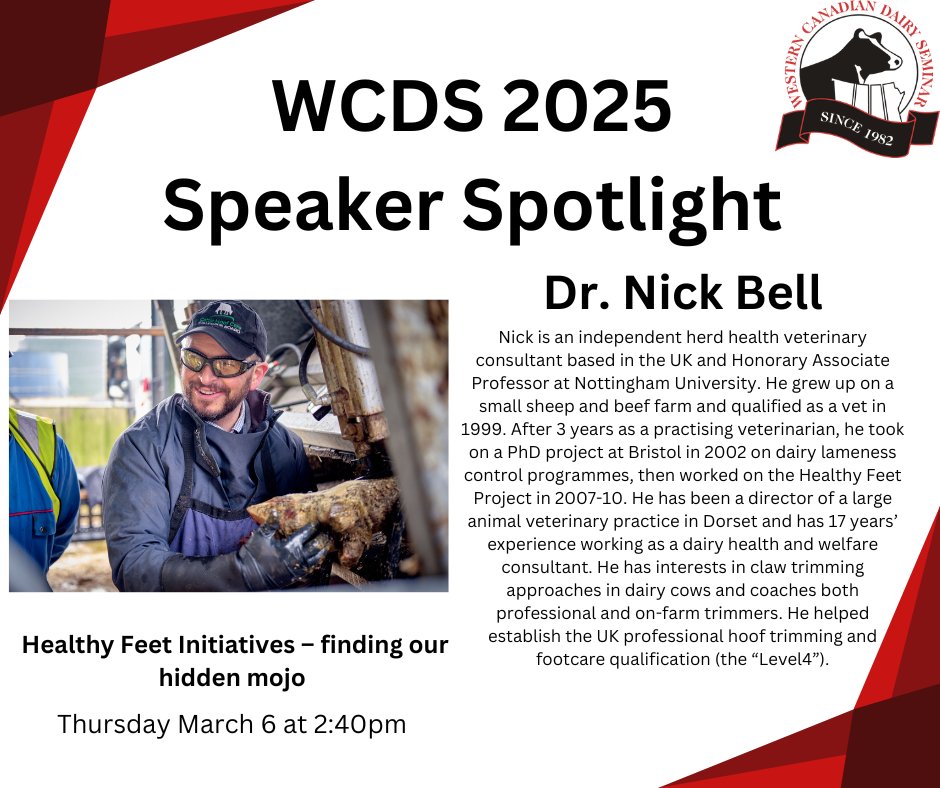 WCDS_Dairy's tweet photo. Join us on March 6th where our Session 6 speakers will be discussing "Animal Welfare: Finding Your Feet: Pathways to Improved Locomotion"
#wcds #wcds2025 https://t.co/eL2vROXbre