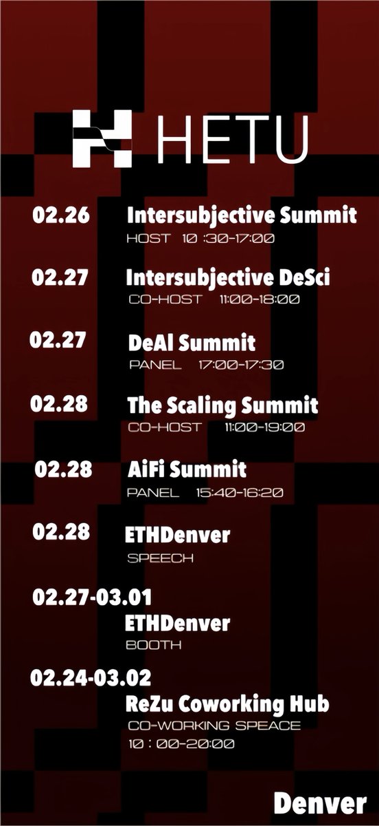 GN, Tutu! 🌙

🌄 DENVER ACTIVITY STORM: Hetu’s Mile-High Alpha Itinerary – Wrapping up the day with what’s ahead 👇

Denver’s altitude meets crypto’s amplitude—if you’re in town, come grab a chat with us at any of these events!