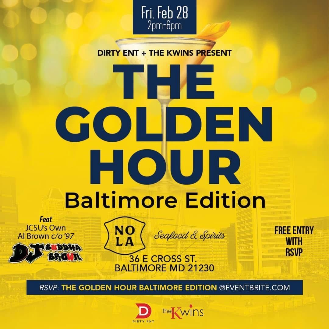 Fri Feb 28 2p-6p 
The Golden Hour 2025!! 
@ Nola Seafood &amp; Spirits 
One of Baltimore’s Premier Restaurants 
Free RSVP @ Eventbrite 
#ciaabaltimore #jcsu #goldenbulls #ciaa #ciaaweekend #ciaa2025  #ciaaparties