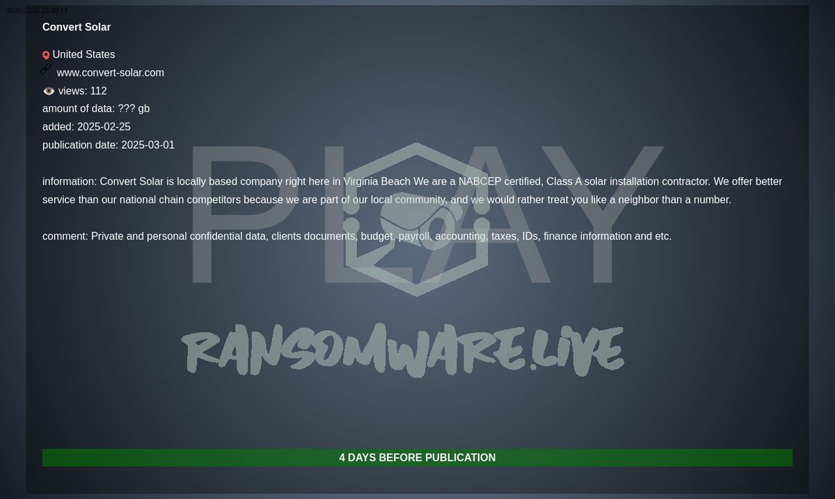 TweetThreatNews's tweet image. Convert Solar has fallen victim to a ransomware attack in the US. This incident underscores the ongoing threats faced by critical infrastructure. 🌐🚨 #Ransomware #ConvertSolar #UnitedStates

link: ift.tt/ZX6Fipy