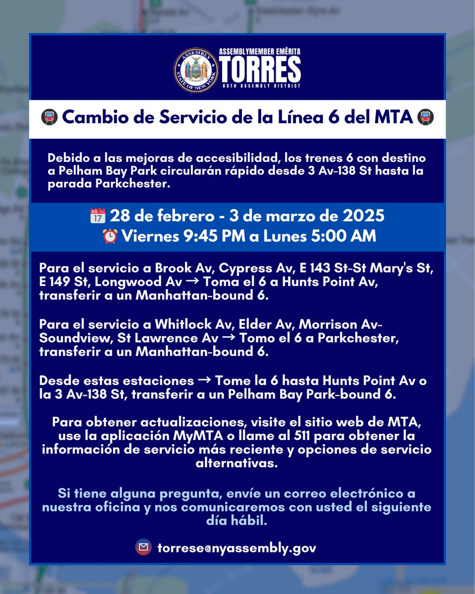 AMEmeritaTorres's tweet image. SERVICE CHANGE ALERT:
🚇 Bronx Riders: 
6 train service changes Feb 28 (9:45 PM) - Mar 3 (5 AM). 

Express from 3 Av-138 St to Parkchester. No stops at Brook Av–St Lawrence Av. 

Transfer at Hunts Point Av or Parkchester. 

Check @MTA for updates. #ServiceChange #NYCSubway