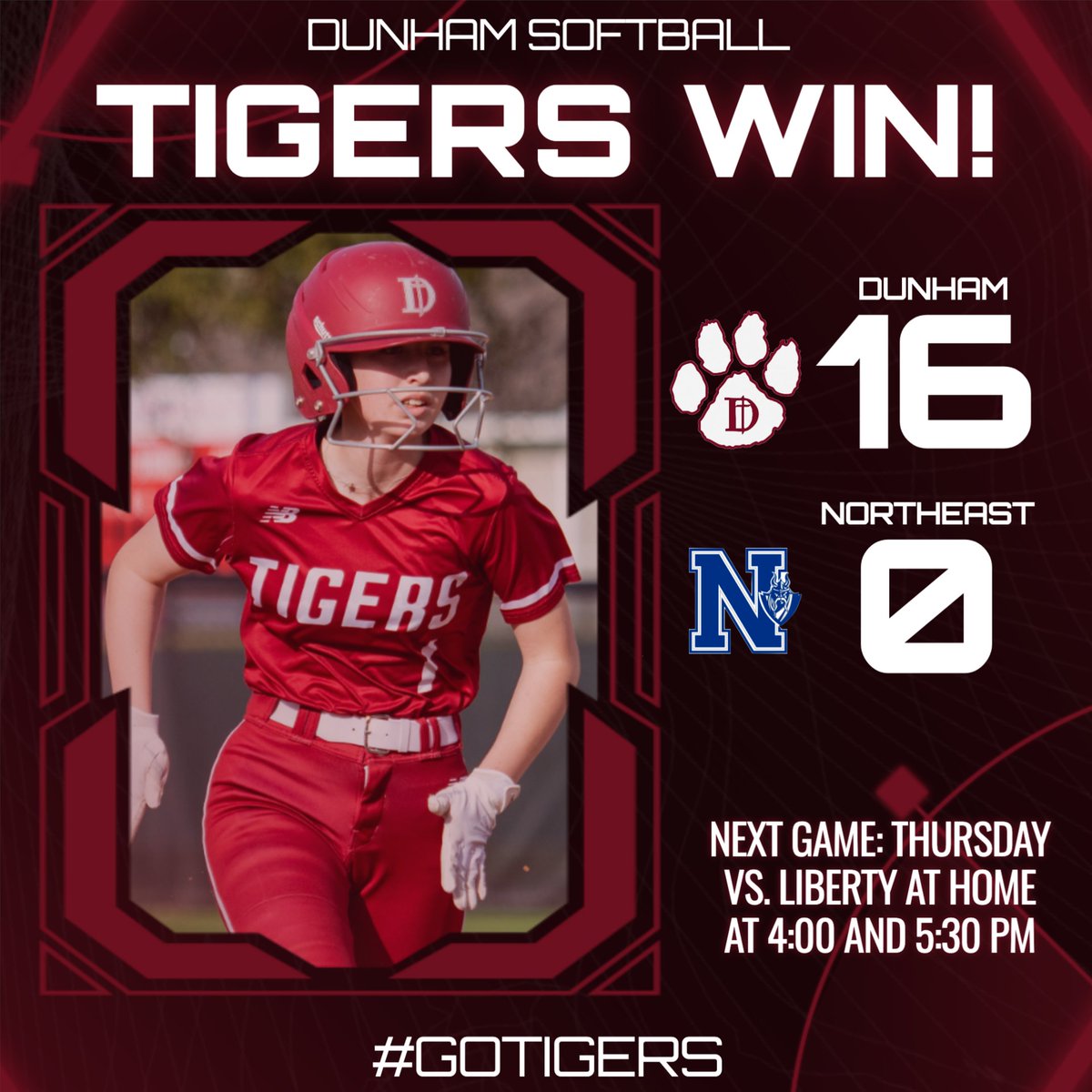 DunhamAthletics's tweet photo. 🥎 TIGERS WIN! 🥎

CONGRATULATIONS to Coach Jeff Hand and the Dunham Lady Tiger softball team on winning their season opener over Northeast by a score of 16-0. Getting the win on the mound for the Tigers was Catherine Ashworth '27, and leading the Tigers at the plate was Camille Istre '26 with 3 hits and 3 RBI.

The Tigers will be back in action on Thursday at HOME against Liberty! Come show the Tigers your support as they continue the start of their season!

#GoTigers #DutyFaithHonor #ChooseDunham