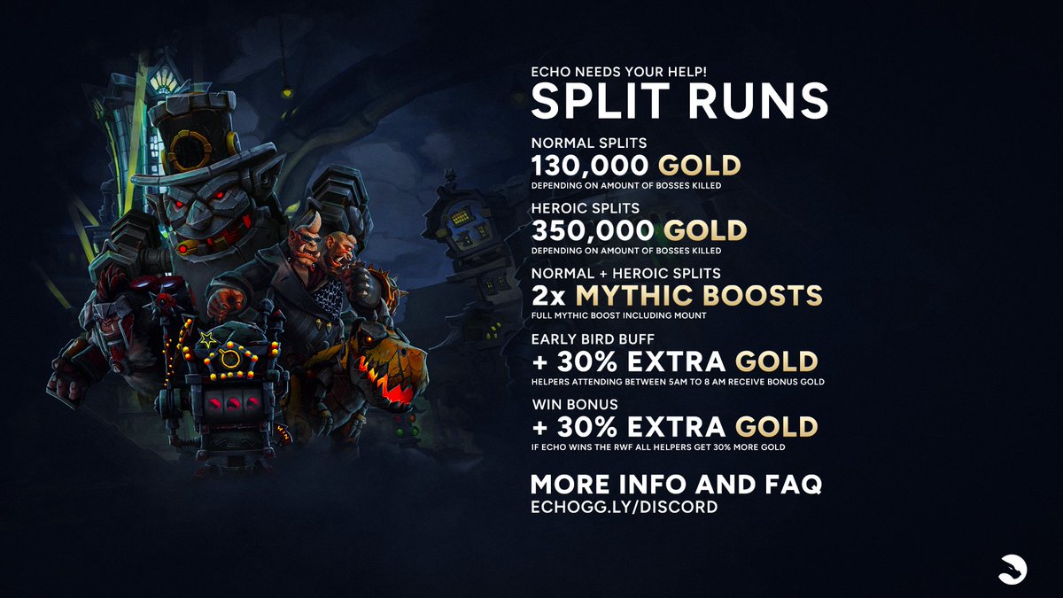 🔥Join Echo's Split Runs🔥

🎙️Have Gingi &amp; Meeres as Raid Leader🎙️

💰Earn up to 350,000 gold per run💰

🔗Sign up now: echogg.ly/discord