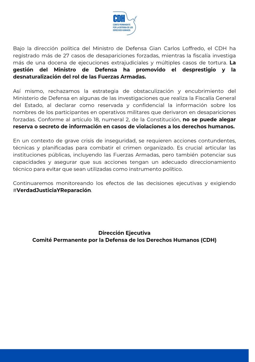 📢 Pronunciamiento: Frente a la resolución de la <a href="/AsambleaEcuador/">Asamblea Nacional</a> en declarar la responsabilidad estatal y política del Ministro de Defensa Gian Carlos Loffredo en el caso de #LosCuatroDeGuayaquil 👇