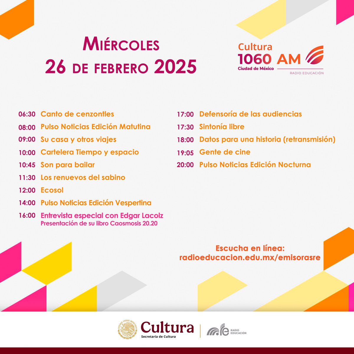 1060amRE's tweet image. ¡Buen miércoles, radionautas!

Déjanos acompañarte con nuestra señal emblemática #Cultura1060AM📻🥳

🎧 Escucha #PulsoNoticias 📰 #Ecosol 🌿
#DefensoríaDeLas Audiencias 🎙y mucho más

Recuerda que también estamos en línea por: 👇🏽
radioeducacion.edu.mx/emisorasre
