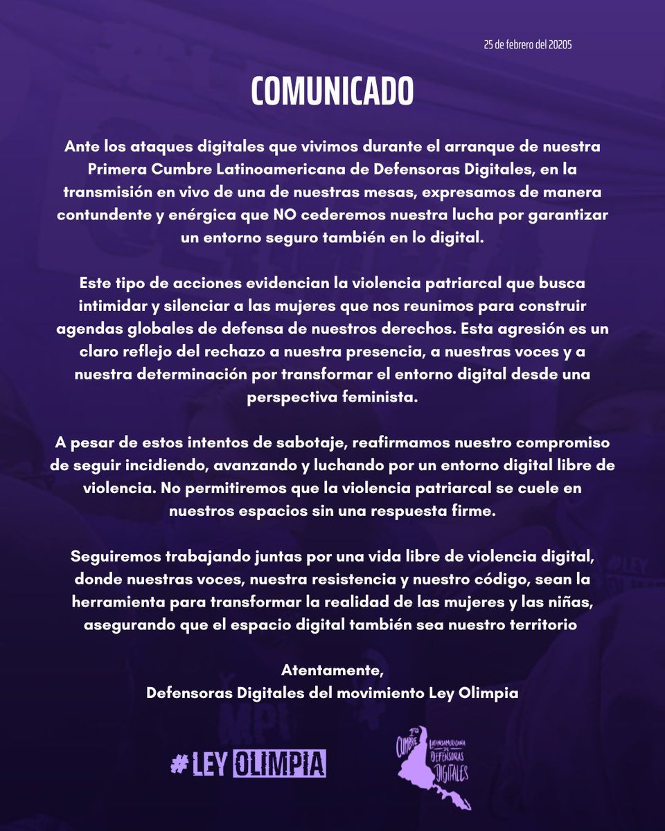 Juntas nos defendemos 💜💜💜
Ante los ataques digitales que sufrimos en la 1ra Cumbre Latinoamericana de Defensoras digitales les decimos:

¡El miedo cambió de bando! 🔥🔥🔥