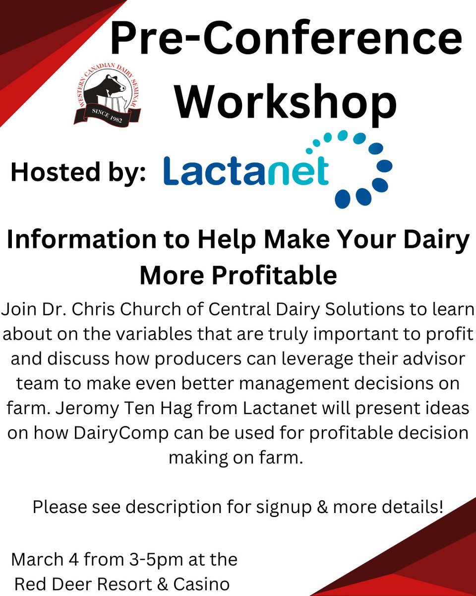 Not sure what to do before the WCDS2025 conference starts? Join Lactanet for a Pre-Conference Workshop on March 4th! 
For more info or to sign up go here: eventbrite.com/e/information-…

#wcds #wcds2025