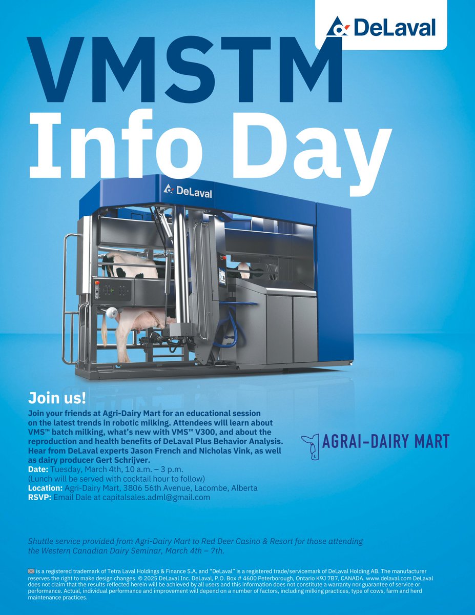 Not sure what to do before the WCDS2025 conference starts? Join Agrai-Dairy Mart for an educational session on robotic milking on March 4th!

Email Dale at capitalsales.adml@gmail.com to RSVP!