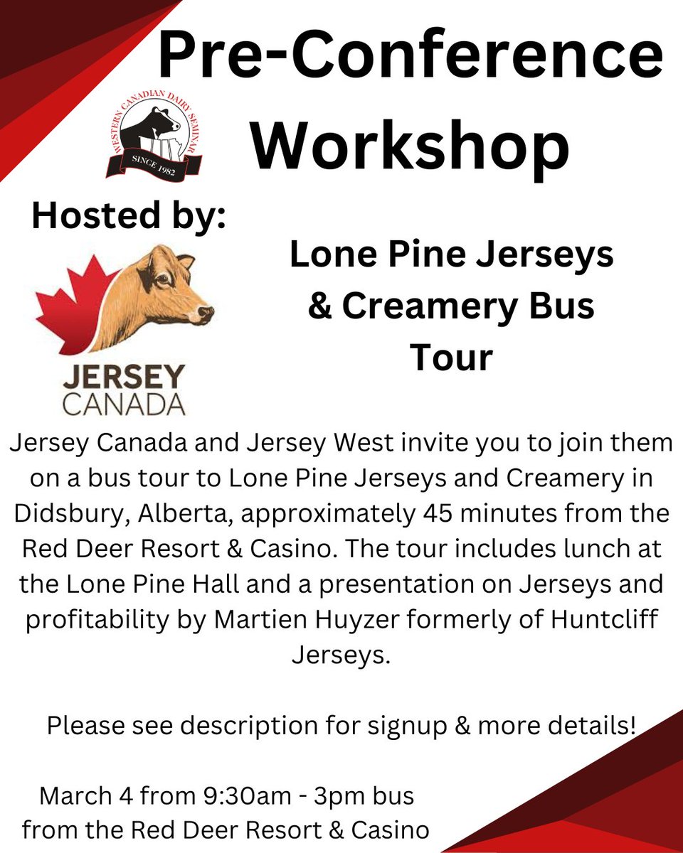 Not sure what to do before the WCDS2025 conference starts? Join Jersey Canada for a tour of Lone Pines Jersey on March 4th!  

For more info or to sign up go here: eventbrite.ca/e/jersey-canad…

#wcds #wcds2025