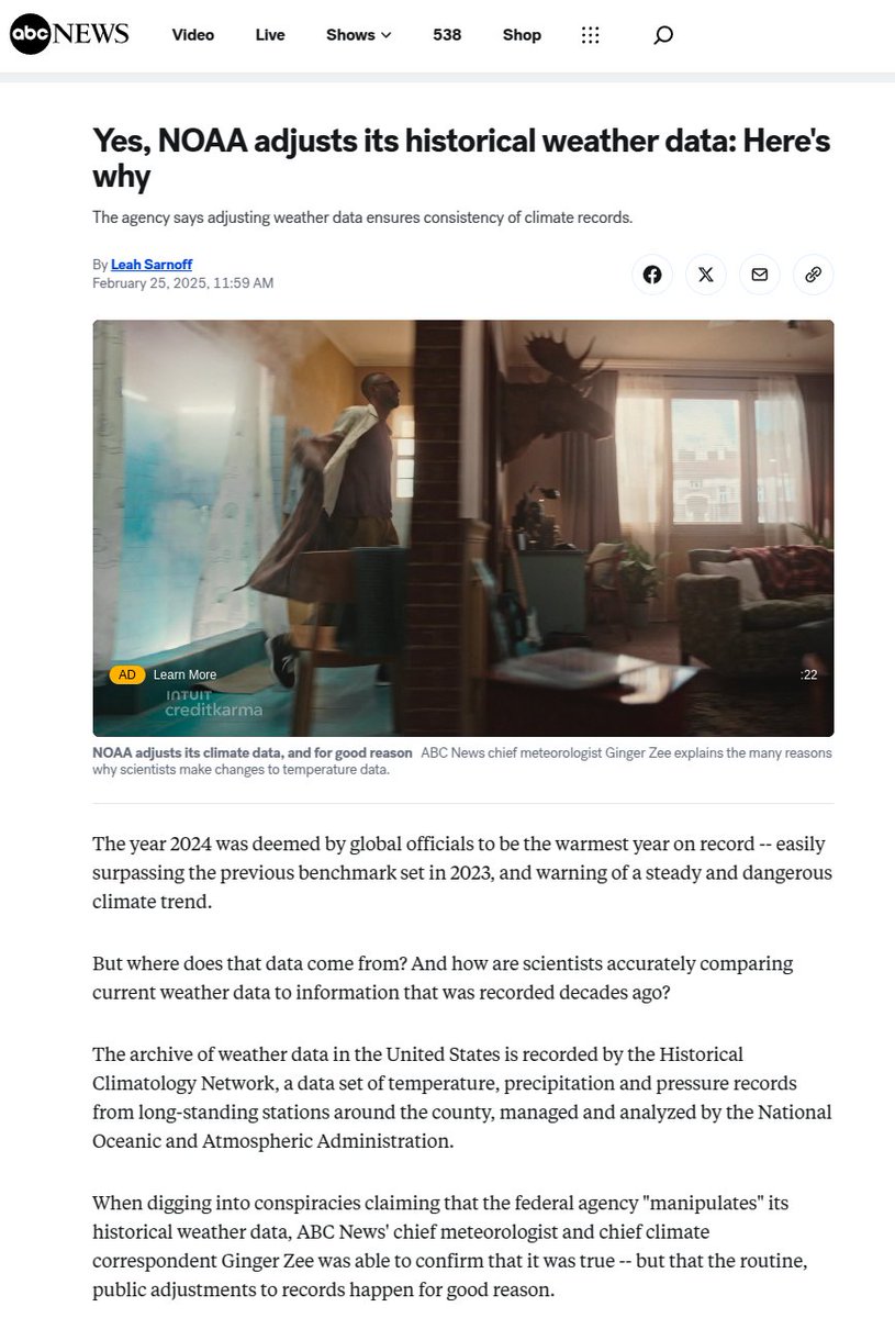 Acknowledgement is the first step towards recovery.  <a href="/ABC/">ABC News</a> News finally admits that <a href="/NOAA/">NOAA</a> is tampering with thermometer data, but says they have to do it.

🤡🤡🤡🤡🤡

abcnews.go.com/US/noaa-adjust…