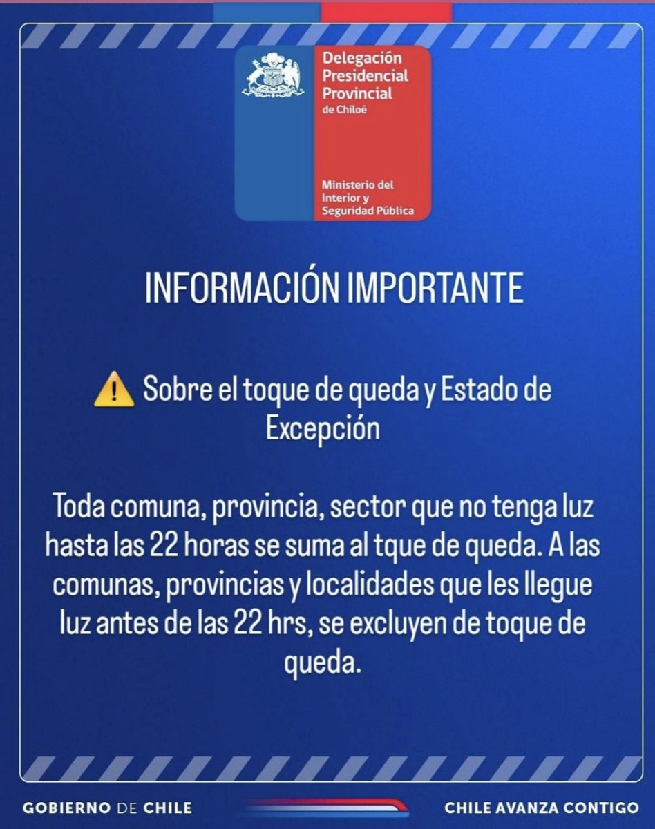abernales's tweet photo. Ministra @Carolina_Toha y @GobiernodeChile anuncian toque de queda de Arica a Los Lagos. Sin embargo @DPRLosLagos Chiloé anuncia toque de queda solo para las comunas que no tengan luz a las 22:00 horas. Cero claridad ante una emergencia. https://t.co/LuMA6owhrf