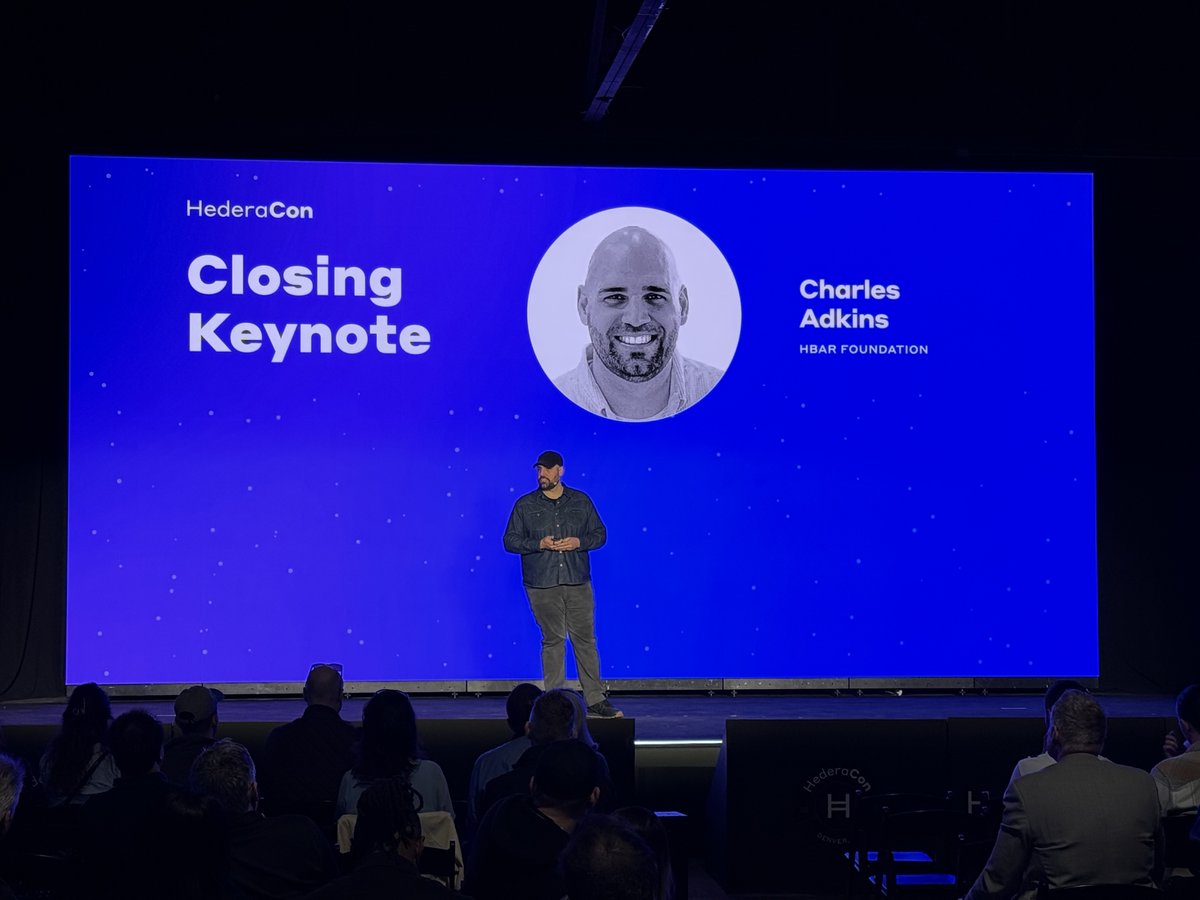hedera's tweet photo. As #HederaCon 2025 came to a close, @CharlesXAdkins CEO @HBAR_foundation took the stage for a powerful closing keynote.

Charles shared key lessons, future plans for the Foundation, and why community is central to Hedera. 

A fitting end to an incredible event! 🎉 https://t.co/85QRjrPI1Q