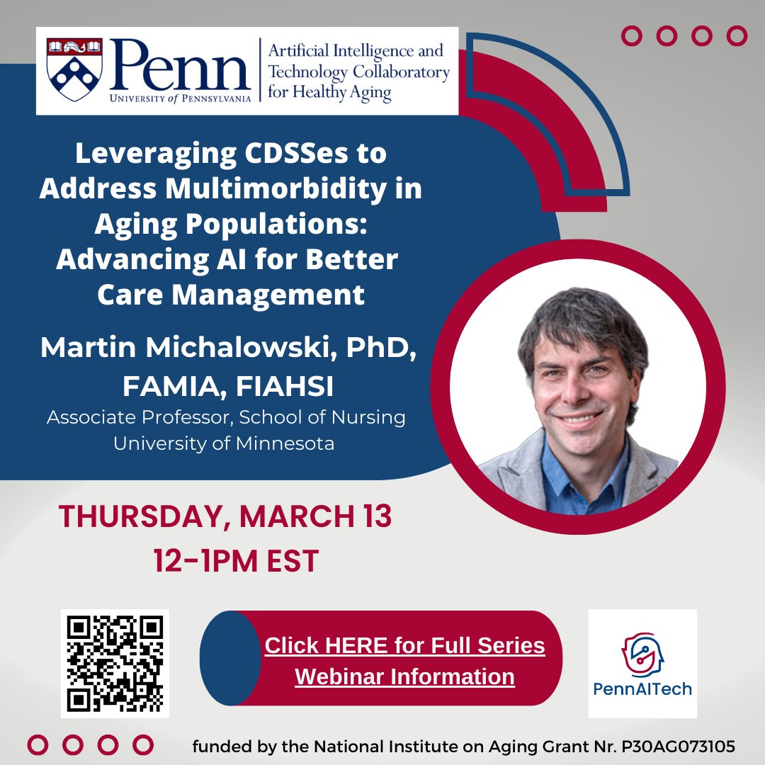 PennAITech (@pennaitech) on Twitter photo Join us on March 13 when Dr. Martin Michalowski from <a href="/UMNNursing/">University of Minnesota School of Nursing</a> presents "Aging Populations: Advancing AI for Better Care Management." To register, please click here:
upenn.zoom.us/webinar/regist… Join us on March 13 when Dr. Martin Michalowski from <a href="/UMNNursing/">University of Minnesota School of Nursing</a> presents "Aging Populations: Advancing AI for Better Care Management." To register, please click here:
upenn.zoom.us/webinar/regist…