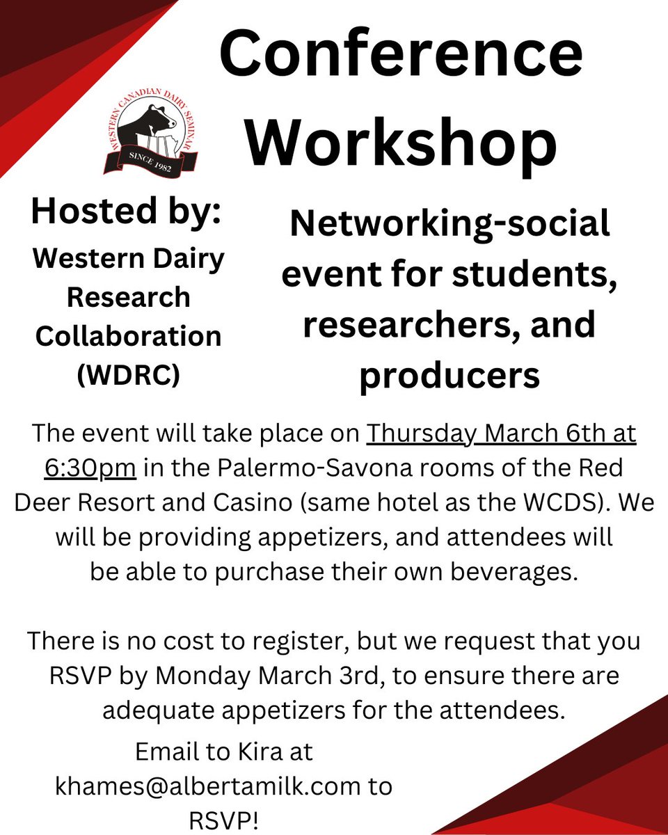 Looking for more networking opportunities during WCDS2025? The Western Dairy Research Collaboration has you covered! They'll be hosting a social on March 6th! 

Email Kira at khames@albertamilk.com to RSVP!

#wcds #wcds2025