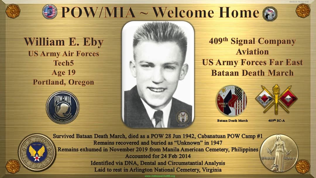 IndianaSO45's tweet photo. We are pleased to announce that a Brother is coming home and the family of Tech5 William E. Eby, who survived the Bataan Death March and died as a POW, is now getting closure.  The DPAA announced yesterday that his remains have been accounted for. https://t.co/4vKr8QHnmA