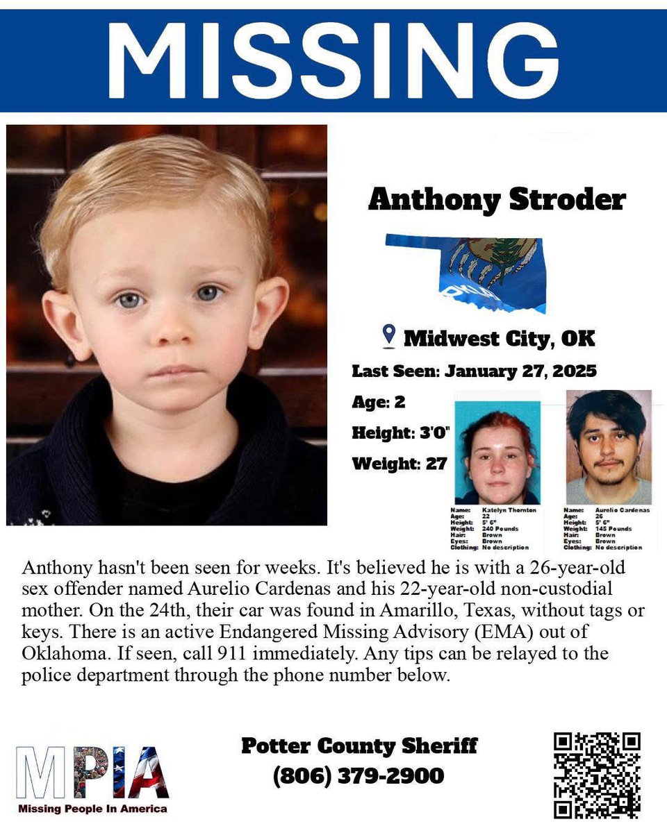 UPDATE Car found in Amarillo, TX without tags or keys. Flyer has been updated.

Anthony hasn't been seen for weeks. It's believed he is with a 26-year-old sex offender named Aurelio Cardenas and his 22-year-old non-custodial mother. On the 24th, their car was found in Amarillo,