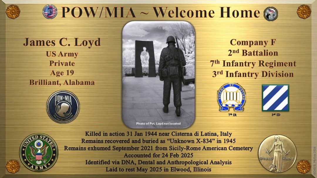 IndianaSO45's tweet photo. We are pleased to share the announcemt that the family of Pvt. James C. Loyd, killed in action in 1944, will now have closure as the Defense POW/MIA Accounting Agency has now listed Pvt. Loyd as accounted for today.  He will be returning home to his family. https://t.co/R9nquQKhl8