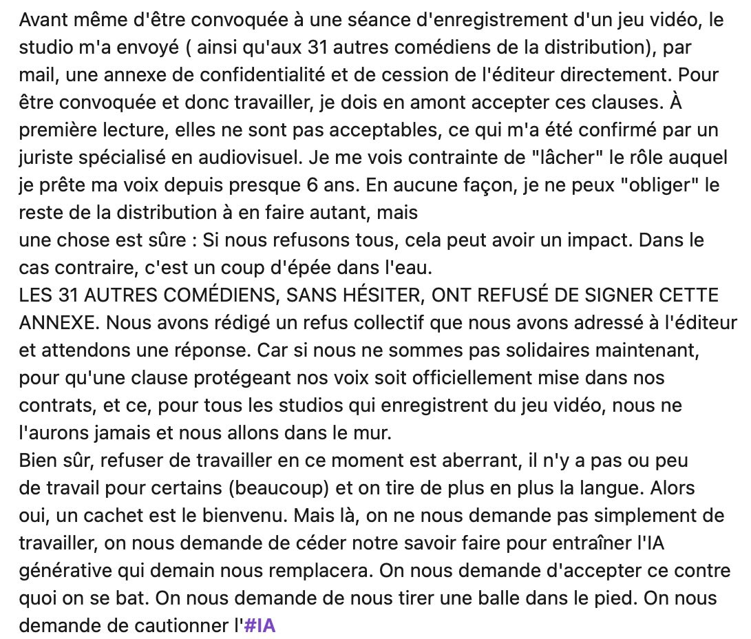 C'est là, c'est maintenant. Les éditeurs de jeu vidéo veulent passer en force. Mais accepter, ce serait renoncer, à court terme, à notre métier, ce serait accepter d'être remplacé par une machine qui ne sera jamais un interprète #touchepasmavf <a href="/datirachida/">Rachida Dati ن</a> <a href="/MinistereCC/">Ministère de la Culture 🇫🇷</a>