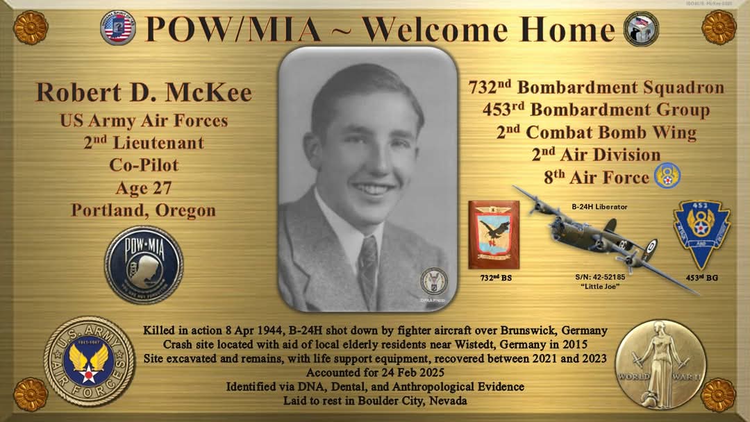 IndianaSO45's tweet photo. The family of 2Lt. Robert D. McKee, killed in action in the skies over Germany in 1944, will now have closure and their loved one will be returning home to them.  DPAA has announced that the remains of 2Lt. McKee have been accounted for and he will be returning to his family. https://t.co/HEY08iaxMk