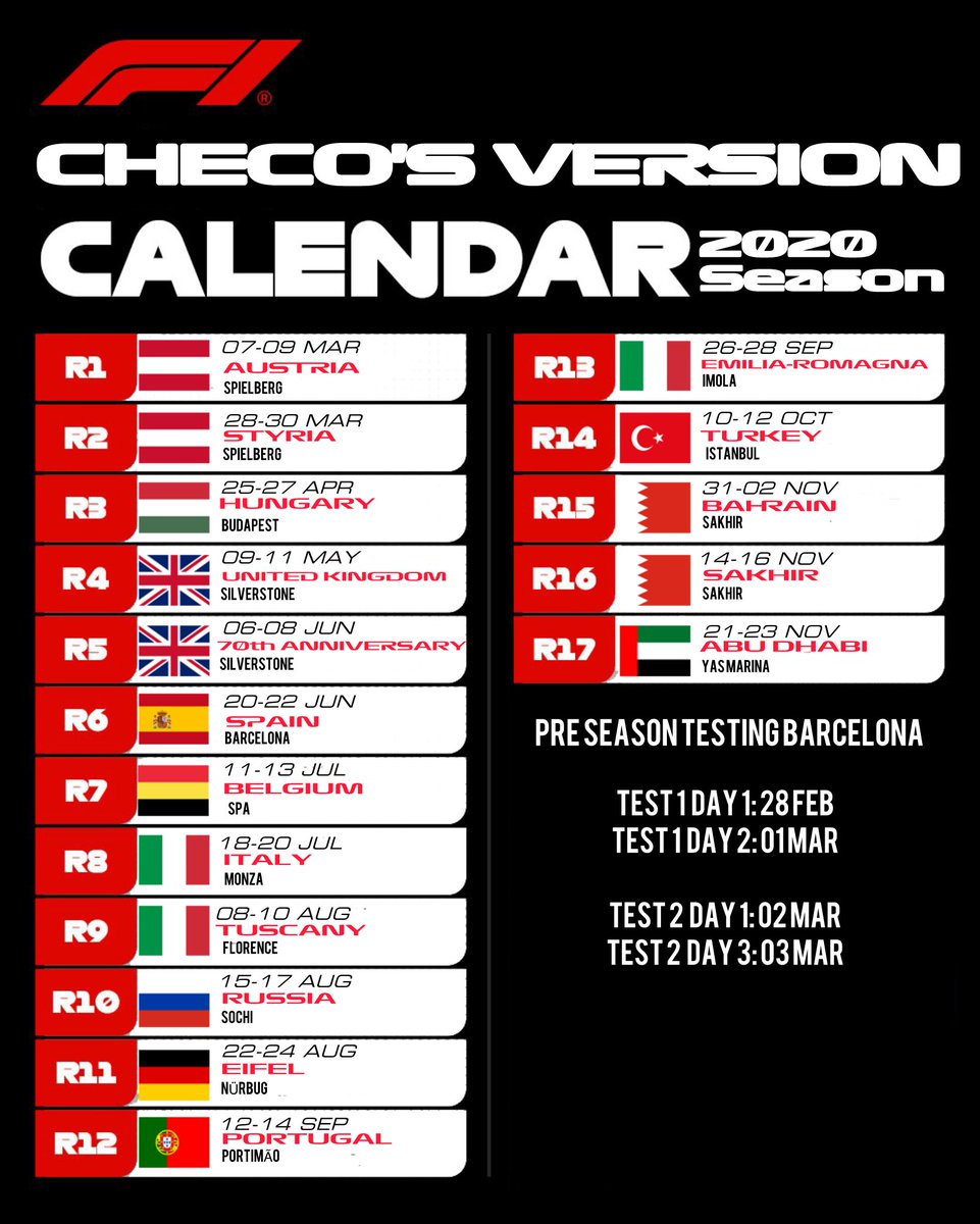 OhCaptainAlex's tweet image. Aquí les dejo el calendario de nuestra temporada #F1ChecosVersion 🙌🏻