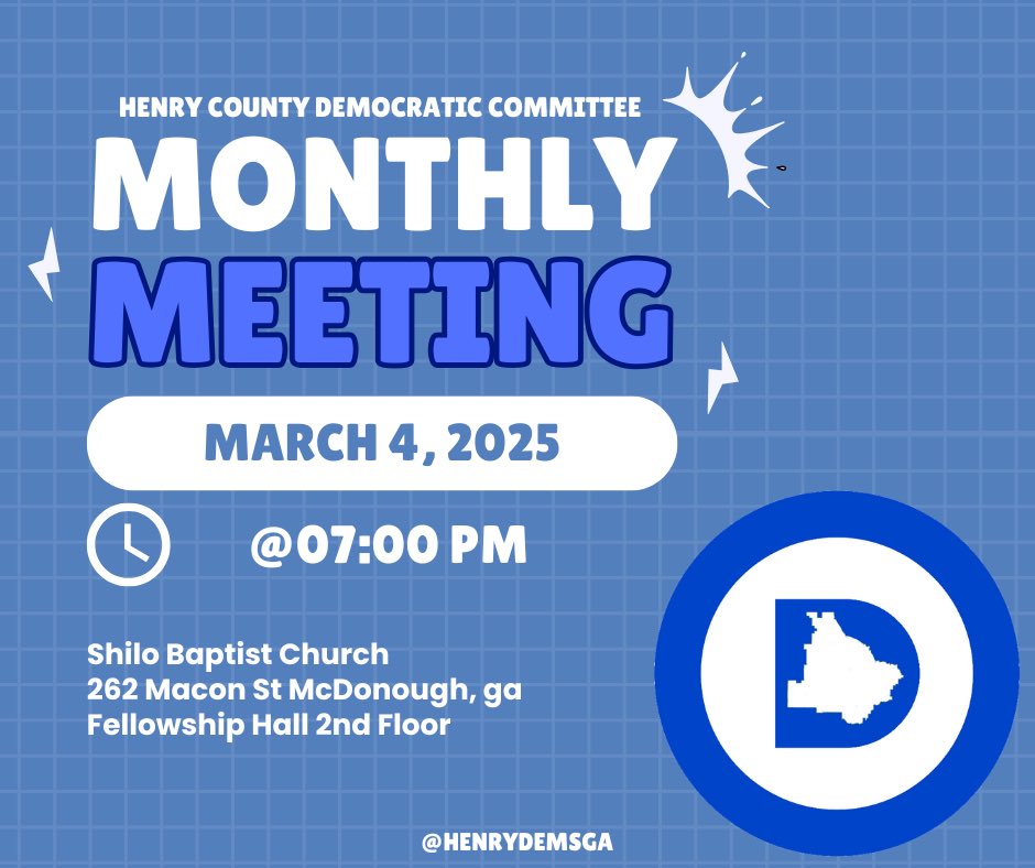 henrydemsga's tweet photo. IN ONE WEEK: The Henry Dems will have our regular monthly meeting, Tuesday March 4 @7pm at Shilo Baptist in McDonough! Be there we got work to do! https://t.co/l1SOAcdzd6