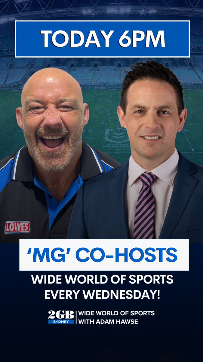 2GB Sydney (@2gb873) on Twitter photo TONIGHT! ⏰| Moving forward every WEDNESDAY Adam Hawse and Mark Geyer will co-host Wide World of Sports. 🏉
Don't miss the first show together tonight at 6pm.
TUNE IN 👉: brnw.ch/21wQX19
<a href="/AdamHawse/">Adam Hawse</a> @MarkMGgeyer TONIGHT! ⏰| Moving forward every WEDNESDAY Adam Hawse and Mark Geyer will co-host Wide World of Sports. 🏉
Don't miss the first show together tonight at 6pm.
TUNE IN 👉: brnw.ch/21wQX19
<a href="/AdamHawse/">Adam Hawse</a> @MarkMGgeyer
