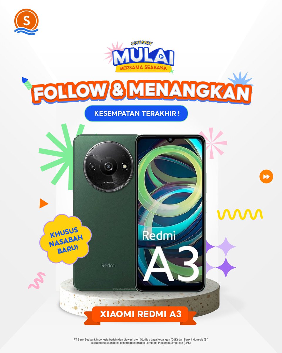 SeaBankID's tweet photo. KESEMPATAN TERAKHIR: XIAOMI REDMI A3! 😜
#MulaiBersamaSeaBank

Caranya:
1. KHUSUS Nasabah baru yang mendaftar melalui link di bawah
2. FOLLOW TWITTER @SEABANKID
3. LIKE &amp; RT Tweet ini
4. REPLY "#MulaiBersamaSeaBank"

CEK di slide ke 2! 🧐 https://t.co/g9tZ2GWe6b
